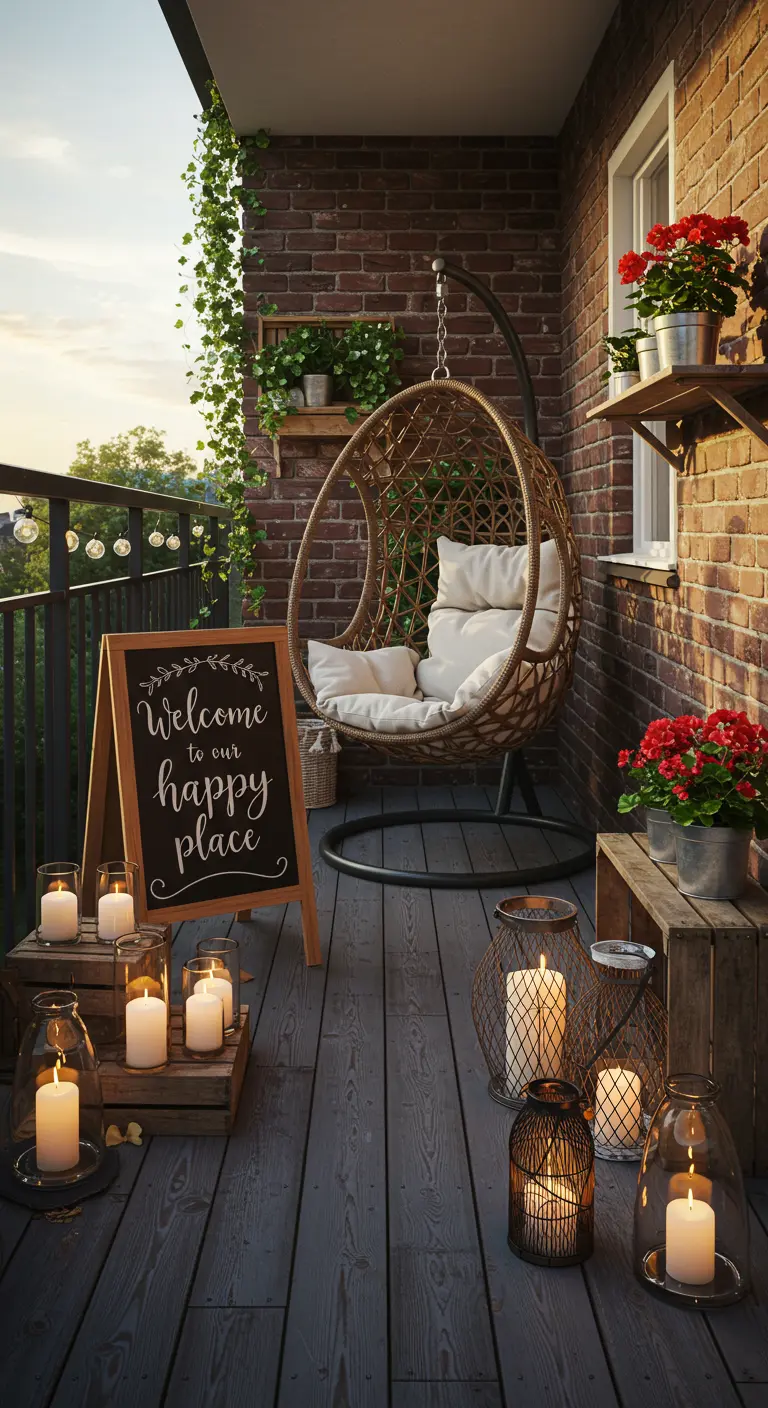 Cozy balcony with a rattan hanging chair, brick wall, and chalkboard sign saying 'Welcome to our happy place'.