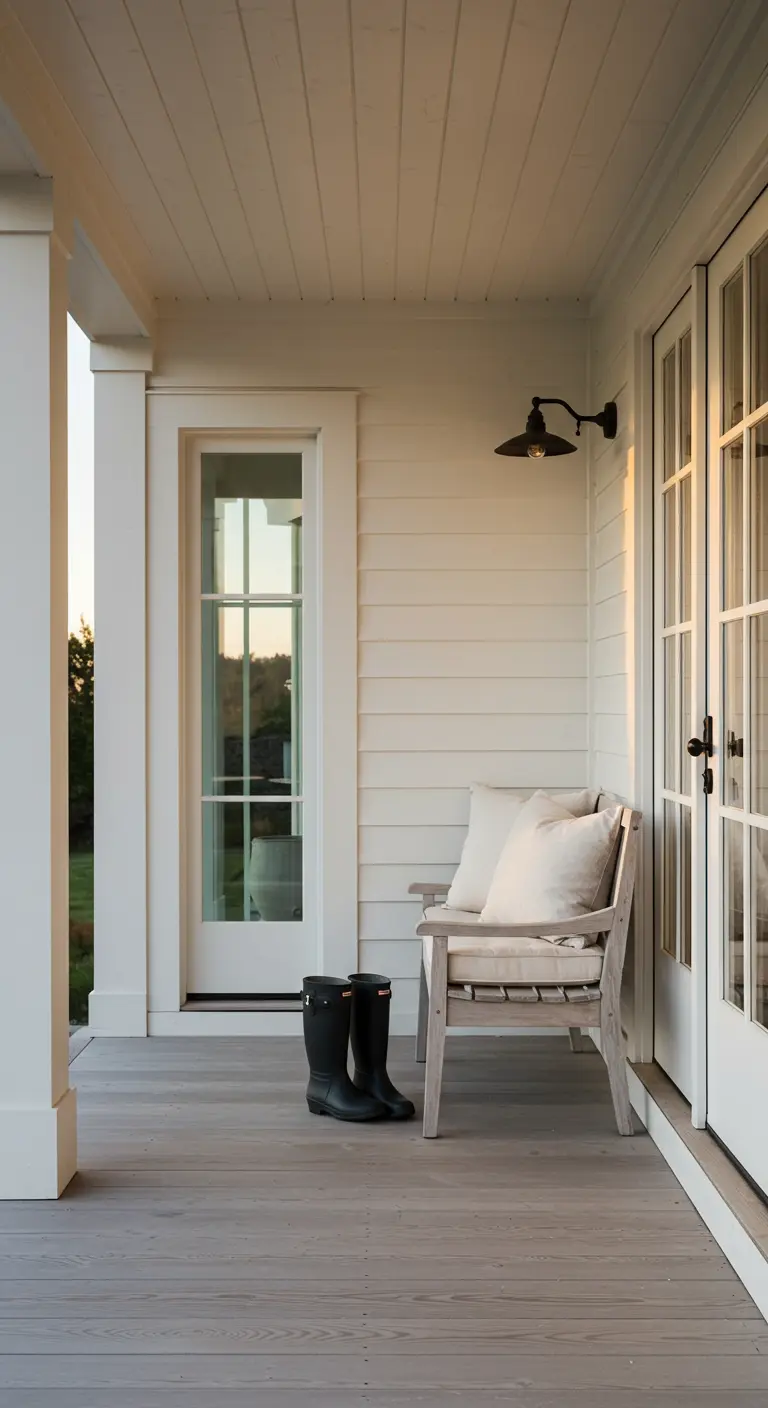A pale wood bench with white cushions on a white farmhouse porch next to the front door.