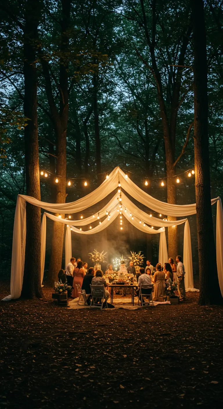 A birthday celebration in a forest clearing under a canopy of white drapes and string lights.