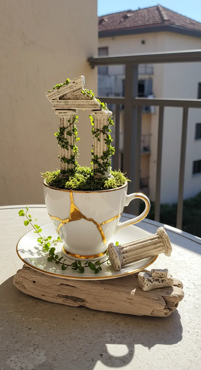 A kintsugi teacup with miniature Greek ruins covered in moss and tiny vines.