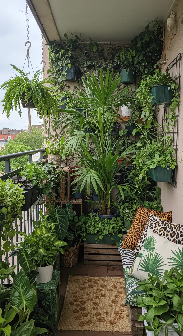 A lush balcony filled with plants on a wall grid, with leopard print pillows on a bench.