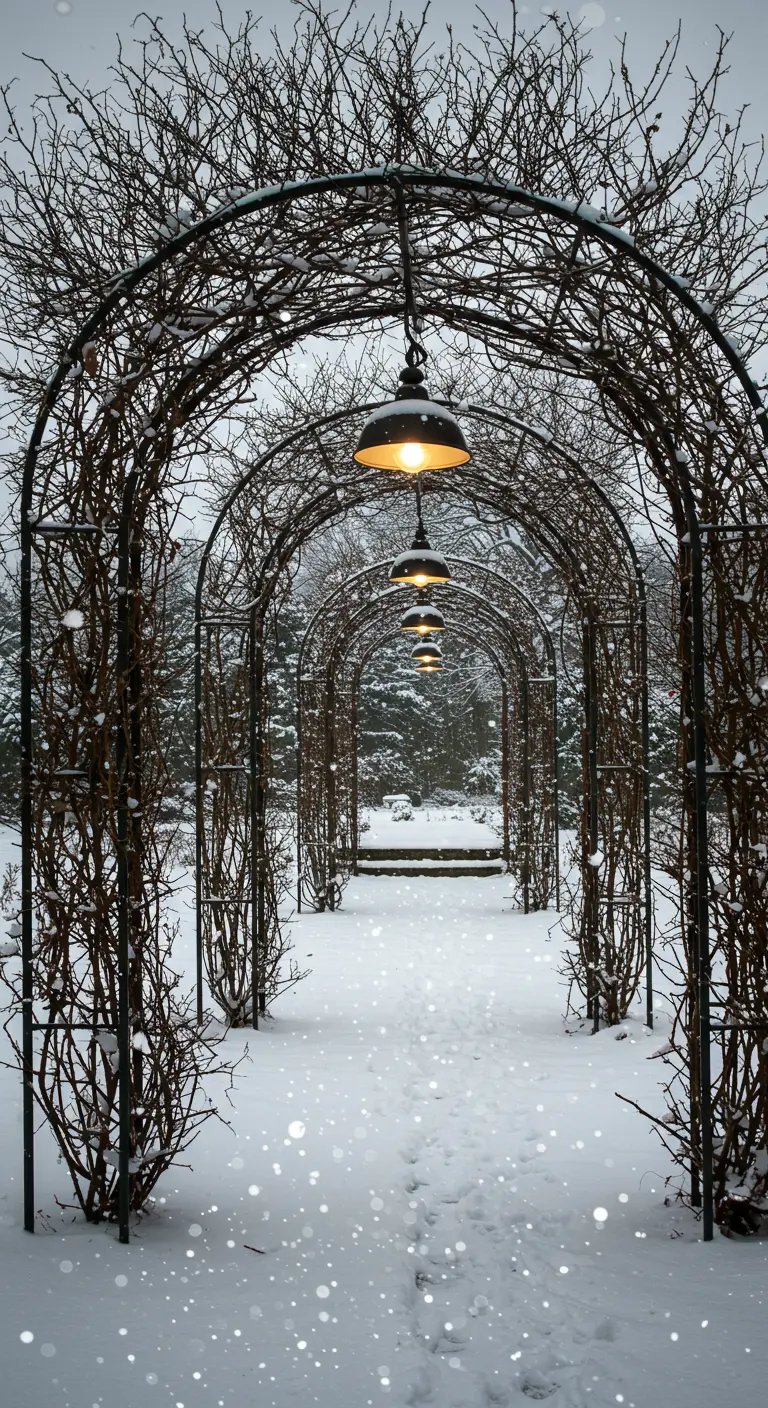 An arched garden path with bare vines and industrial pendant lights in the snow.