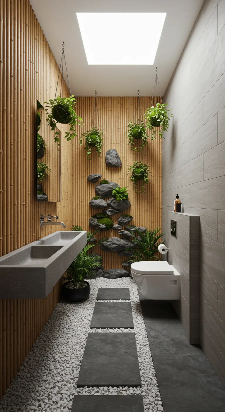 A narrow powder room with hanging plants, a bamboo wall, and a floating stone sink.