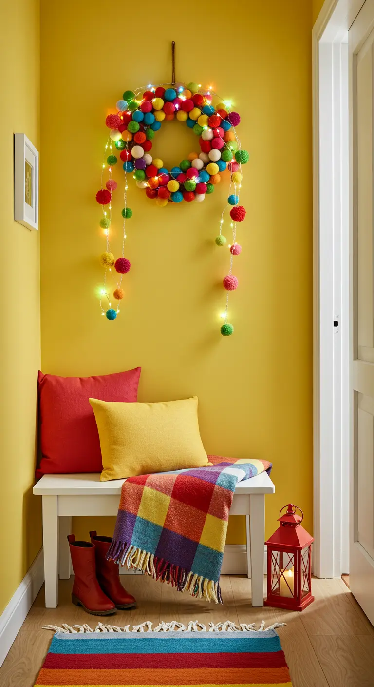 Bright yellow entryway with a colorful pom-pom wreath and a multi-colored plaid blanket.