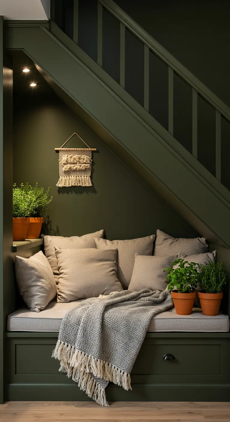 A cozy reading nook built under a staircase, painted dark green with a bench and pillows.