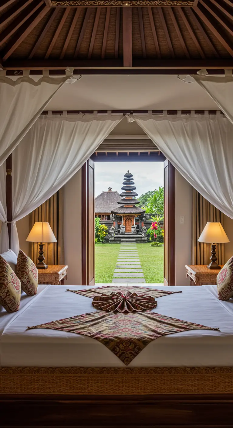 View from a bed through an open doorway to a Balinese temple.