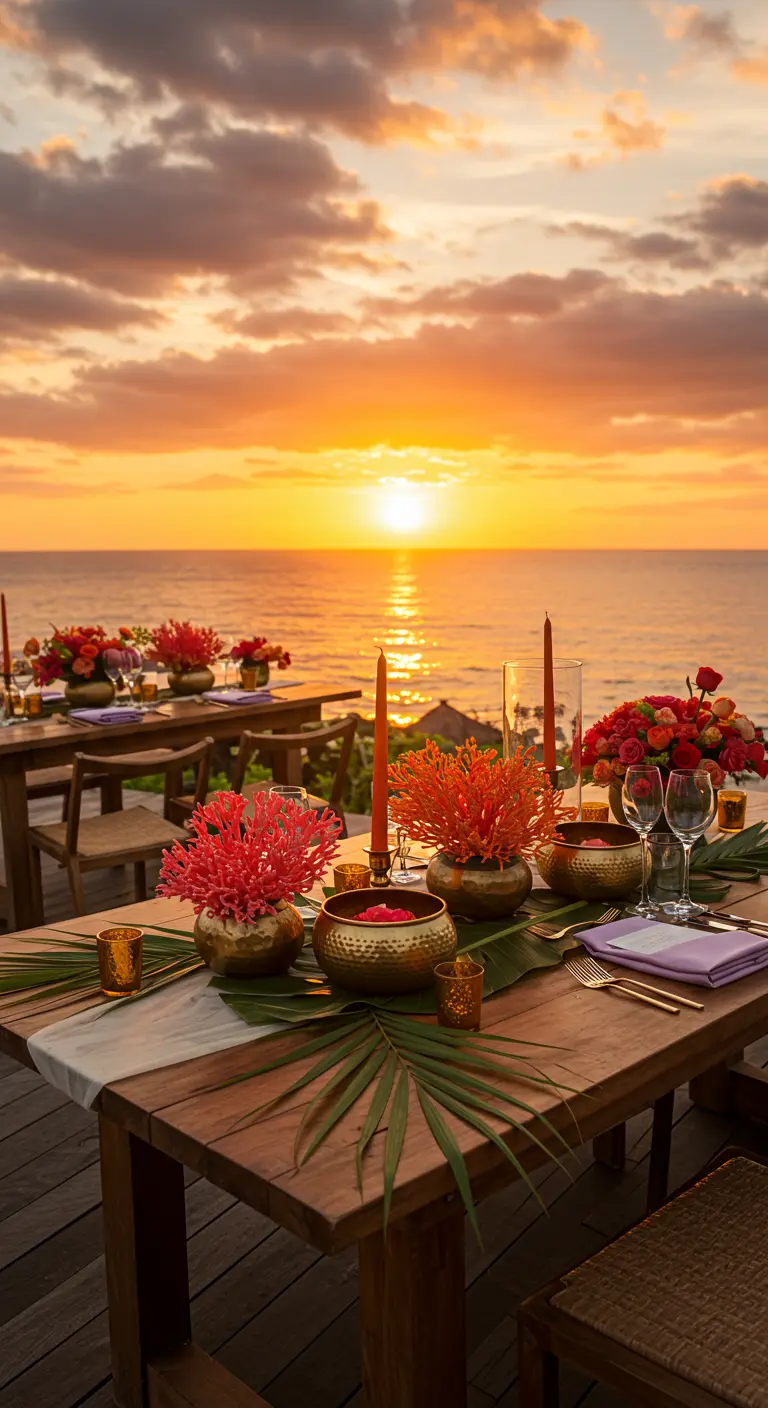 Beachside table at sunset with bright orange faux coral, palm leaves, and gold accents.