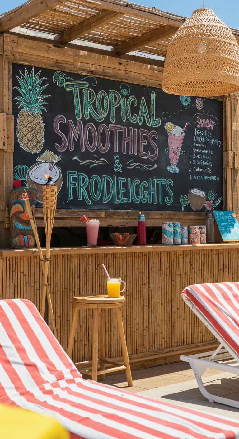 A vibrant chalkboard smoothie menu on a tropical-themed bamboo bar.