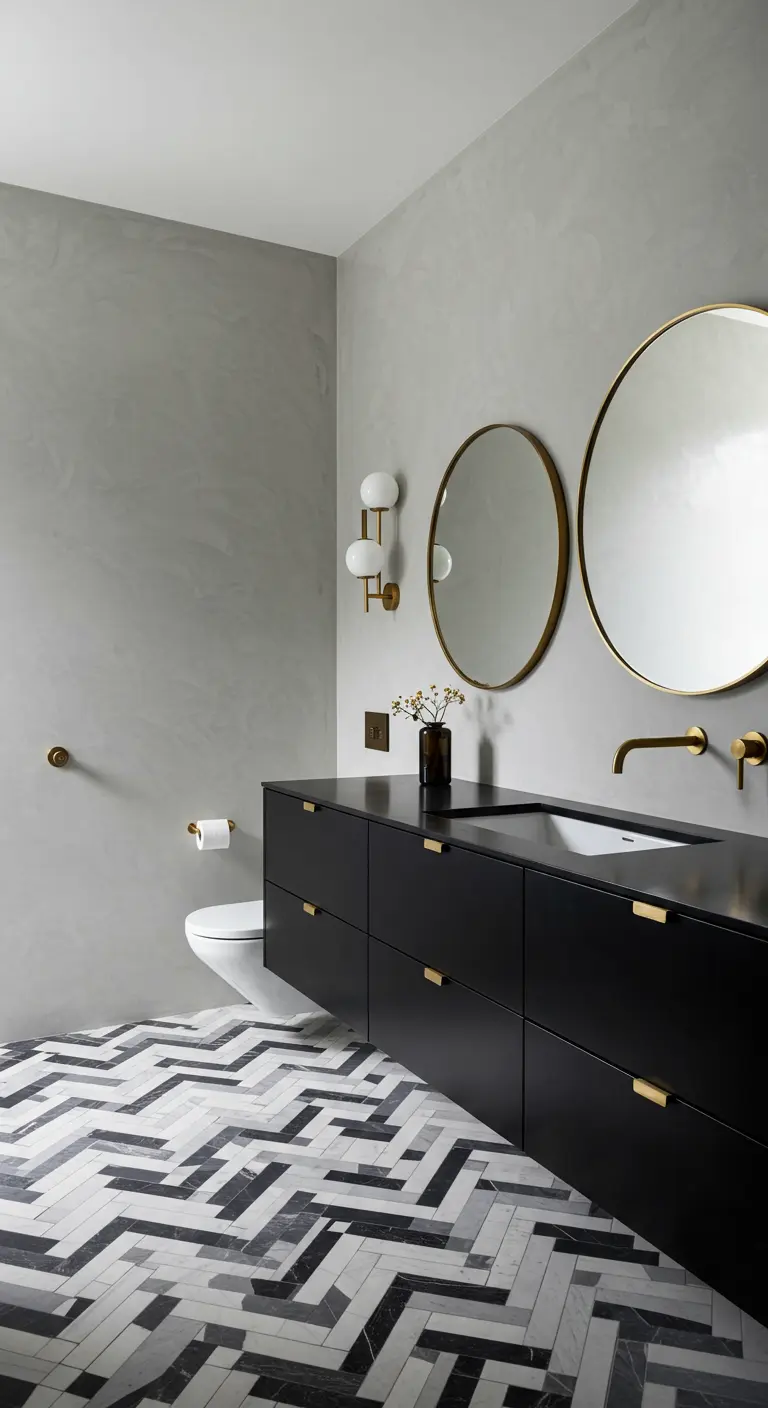 Minimalist bathroom with grey plaster walls, a floating black vanity, and round gold mirrors.
