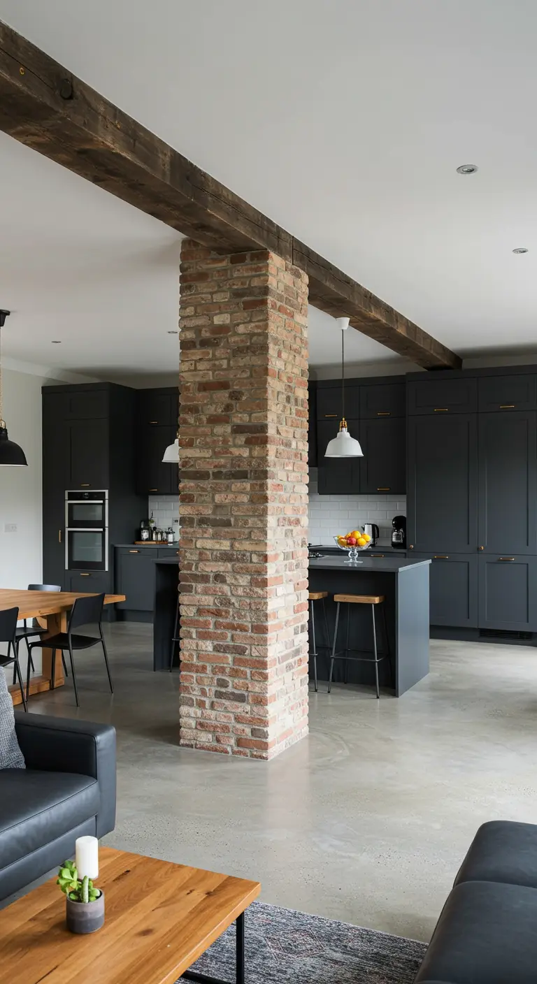 Open-plan living area with a structural column wrapped in reclaimed brick, defining the kitchen space.
