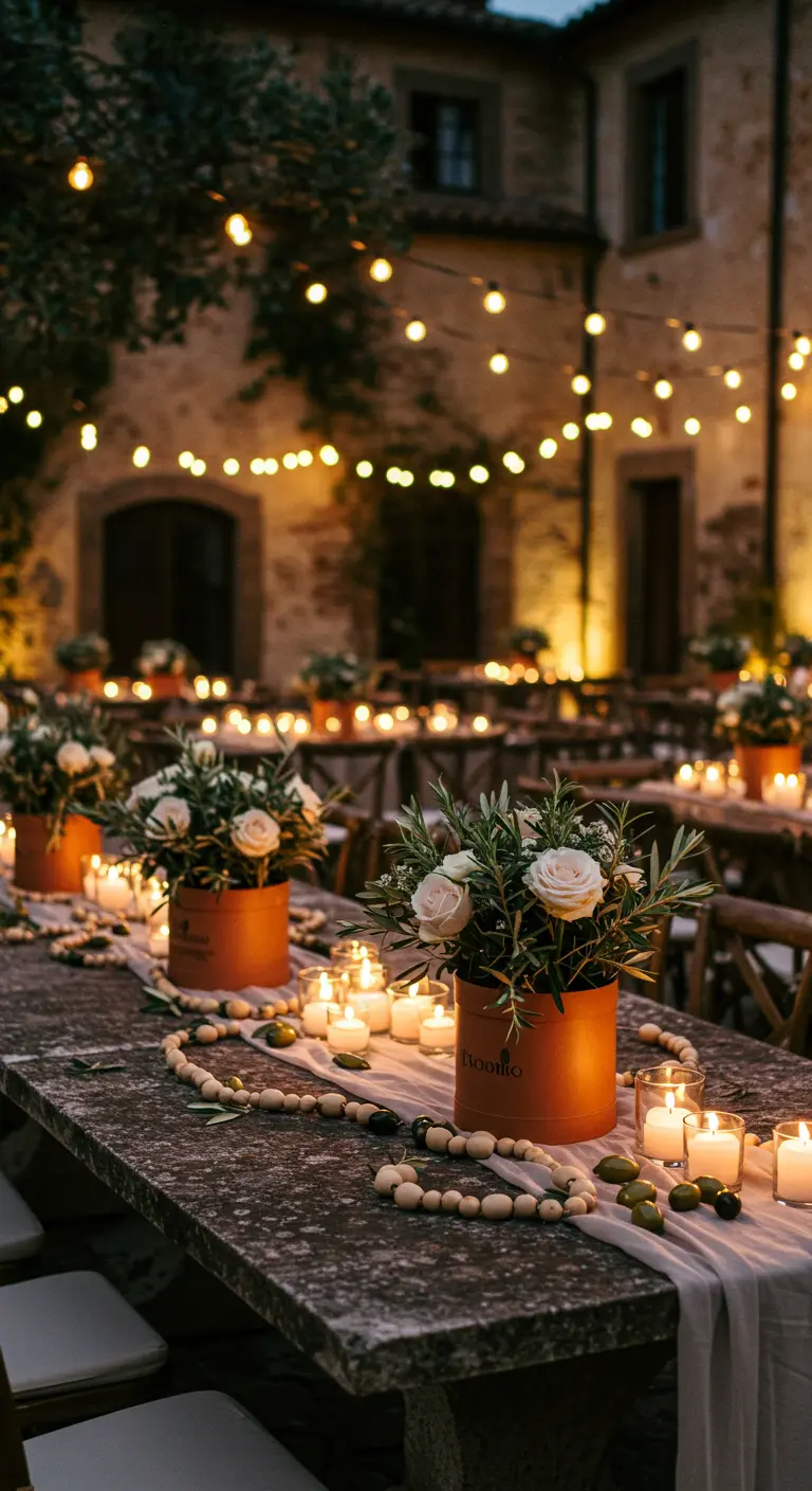 Stone table with terracotta hatboxes of roses and olive branches, lit by many candles.