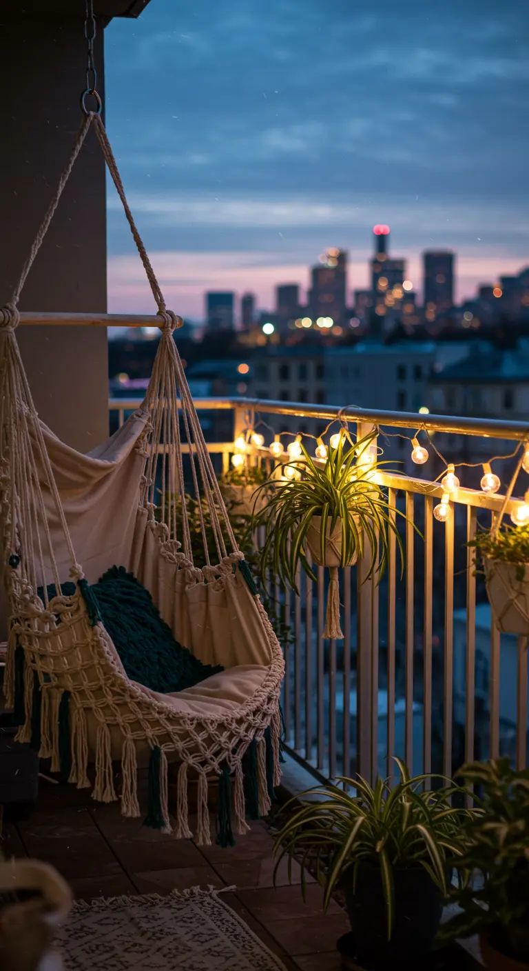 Macramé hammock chair on a city balcony at dusk, illuminated by warm string lights.