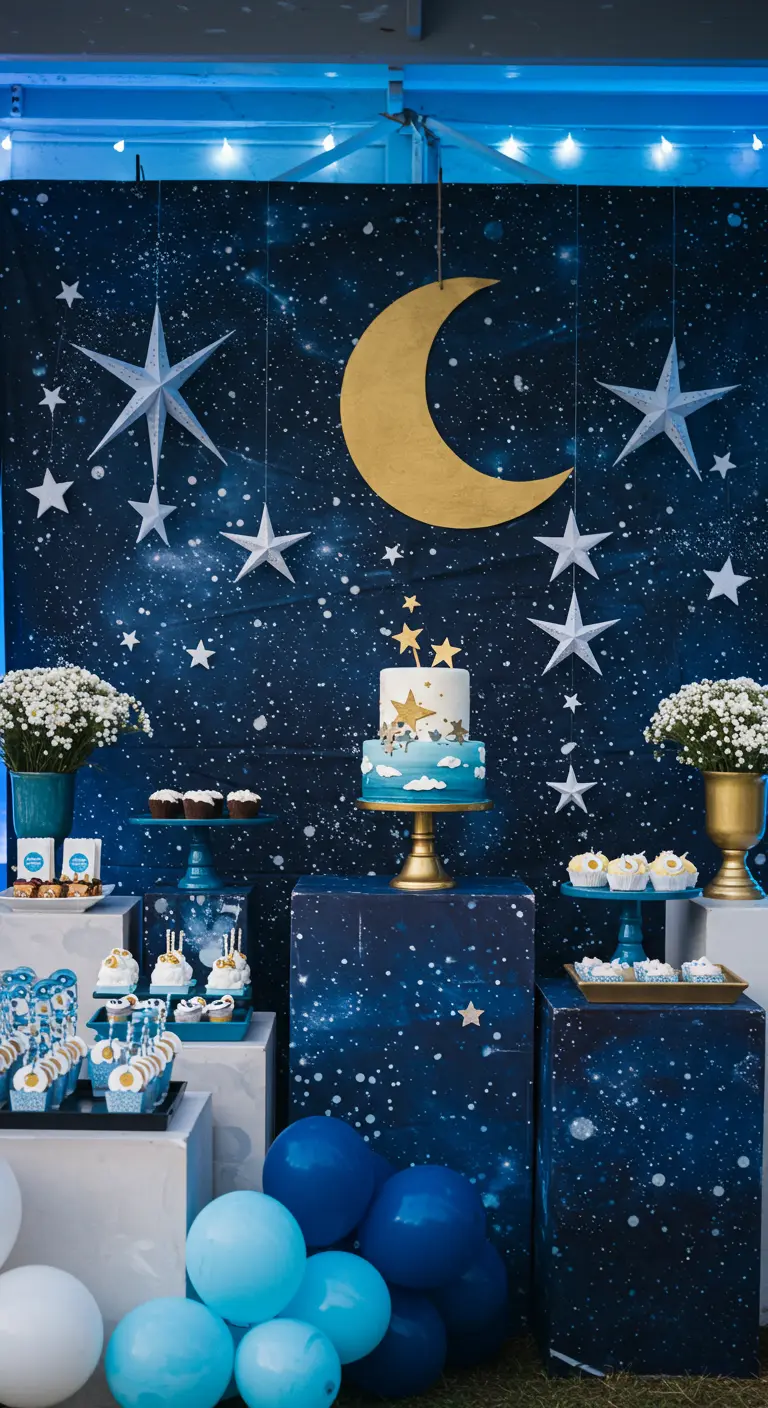A starry night party theme with a blue backdrop, paper moon, and hanging stars.