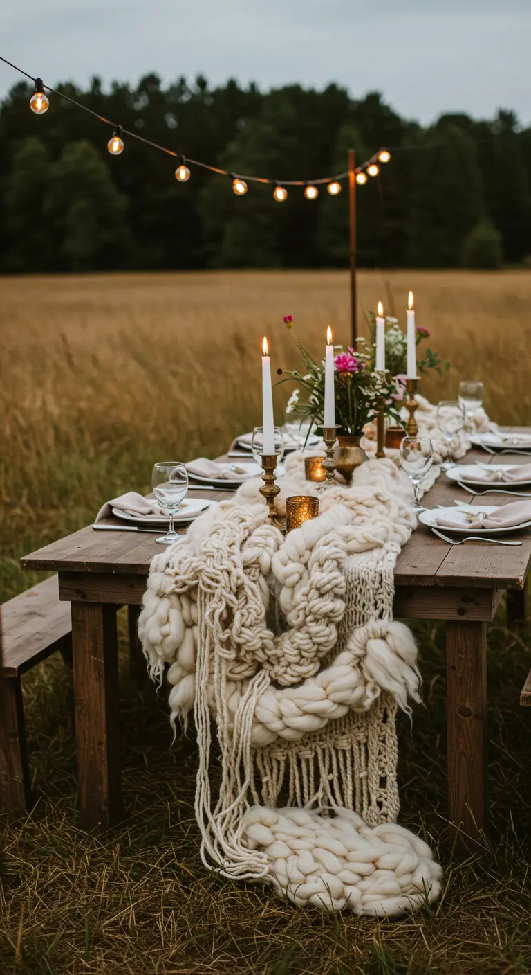 A thick, chunky white knit yarn runner cascades off a rustic wooden table set for an outdoor dinner.