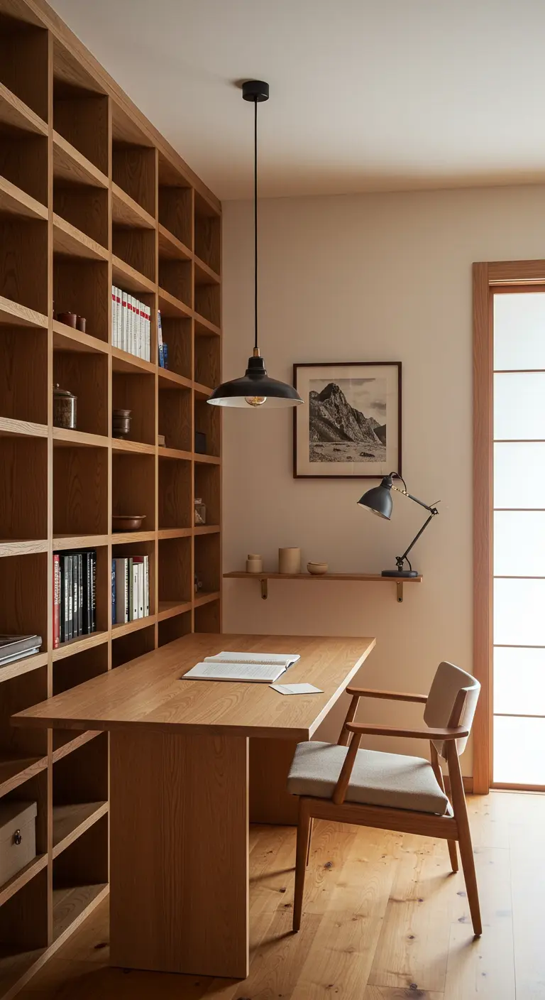 A dining table that doubles as a desk in front of a wall of oak bookshelves.