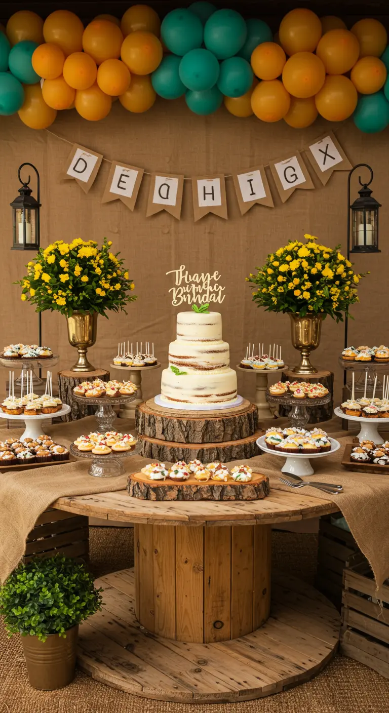 A dessert table on a large wooden spool with a tiered cake, cupcakes, and a balloon arch.
