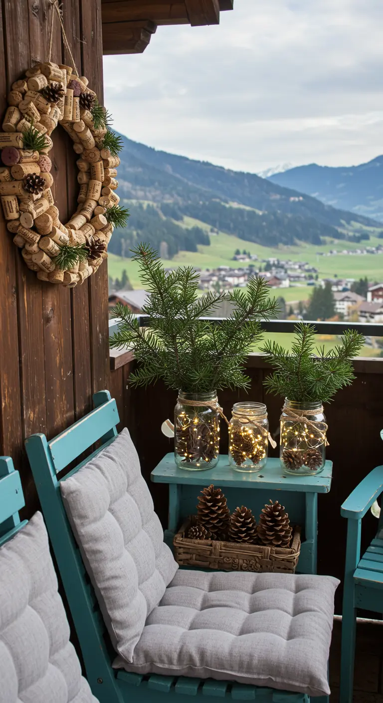A balcony decorated with a wine cork wreath and mason jars filled with fairy lights.