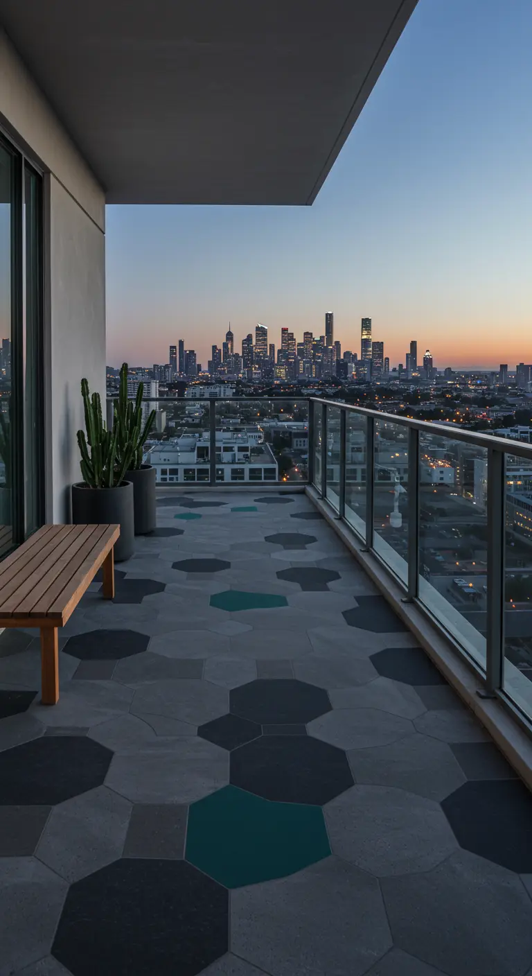 A modern city balcony with gray and teal hexagonal floor tiles and a simple wooden bench.