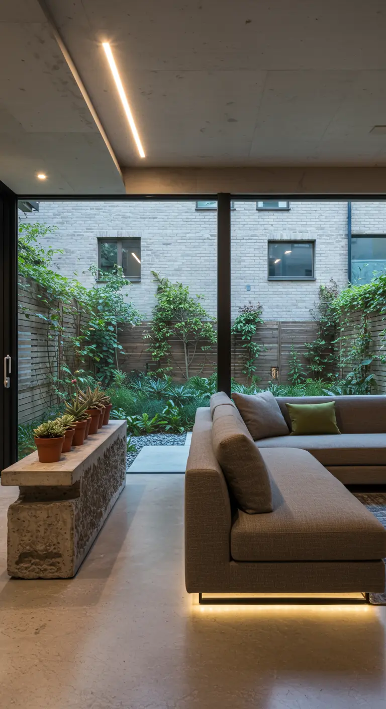 A rough concrete console behind a sofa holds several potted plants, overlooking a small courtyard.