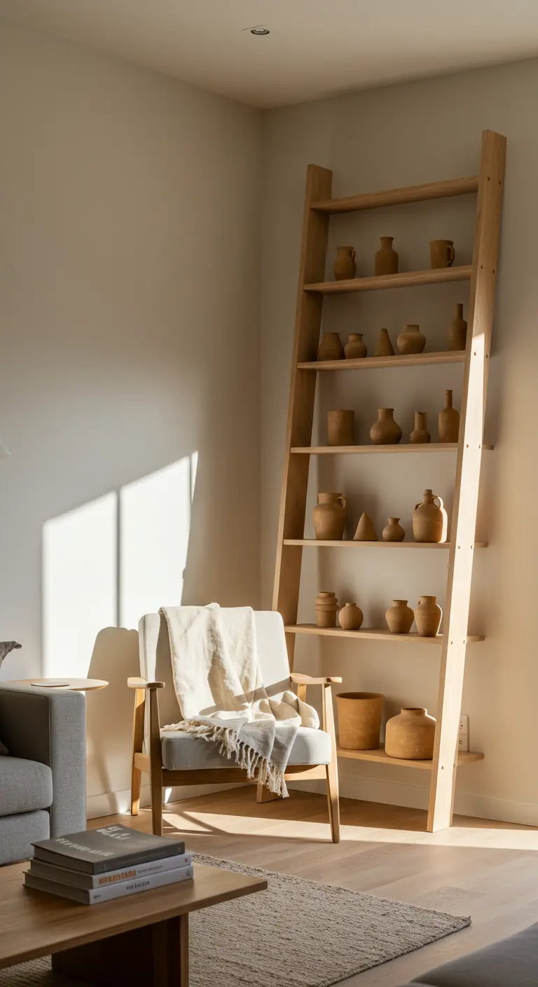 A tall, light wood leaning ladder shelf displaying a collection of small, earthy clay pottery.