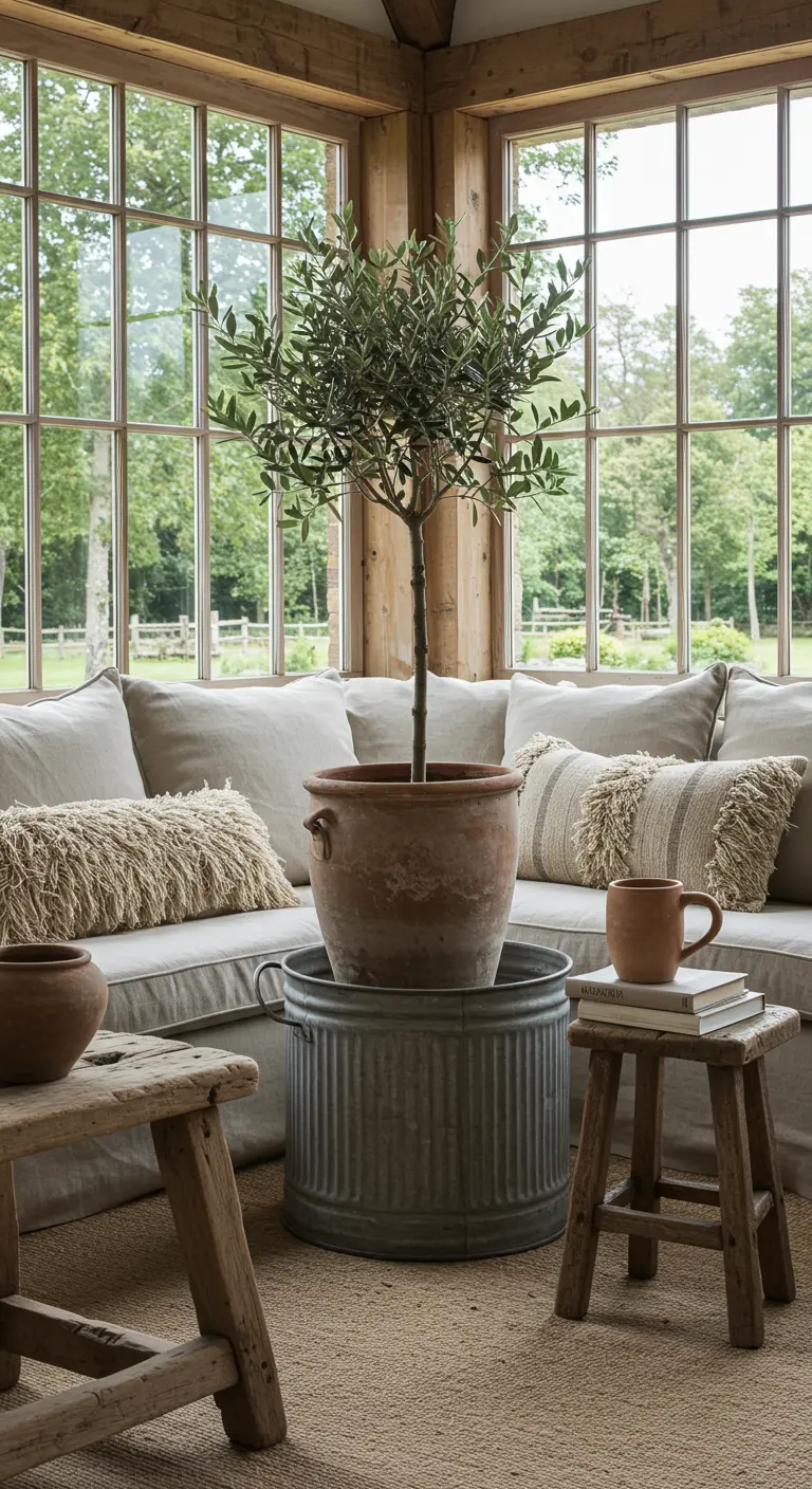 A large olive tree in a terracotta pot, placed inside a galvanized metal tub in a sunroom.