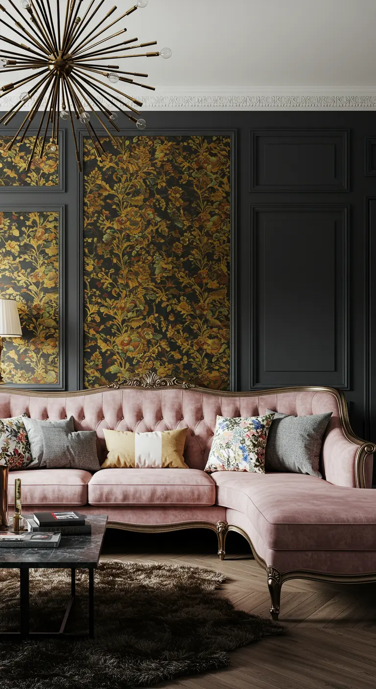 Pink tufted L-shaped sofa against charcoal walls with inset floral wallpaper panels.