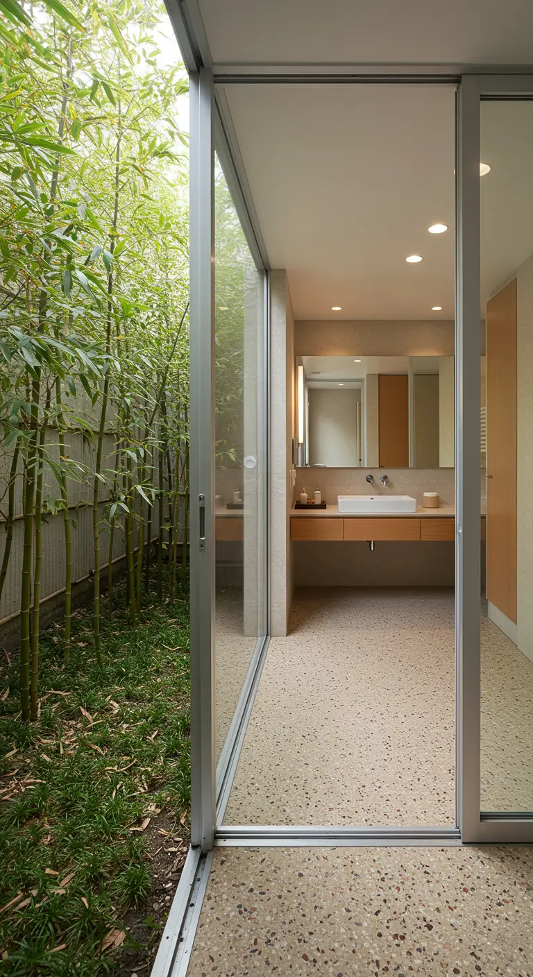 Bathroom with a glass wall opening onto a dense bamboo garden.