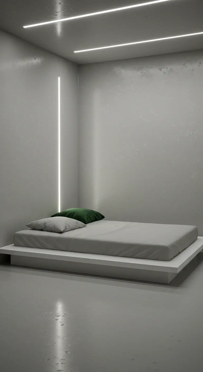Futuristic minimalist bedroom with integrated linear LED lighting on the walls and ceiling.