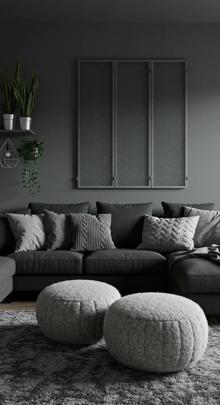 Monochrome gray room with three framed mesh panels on the wall above a sectional sofa.