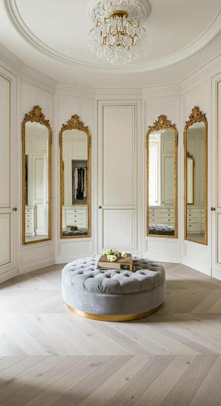 Curved walk-in closet with four tall gold mirrors and a gray tufted ottoman.