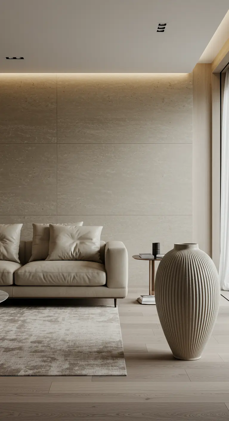 Beige leather sofa and an oversized fluted ceramic vase against a stone tile wall.