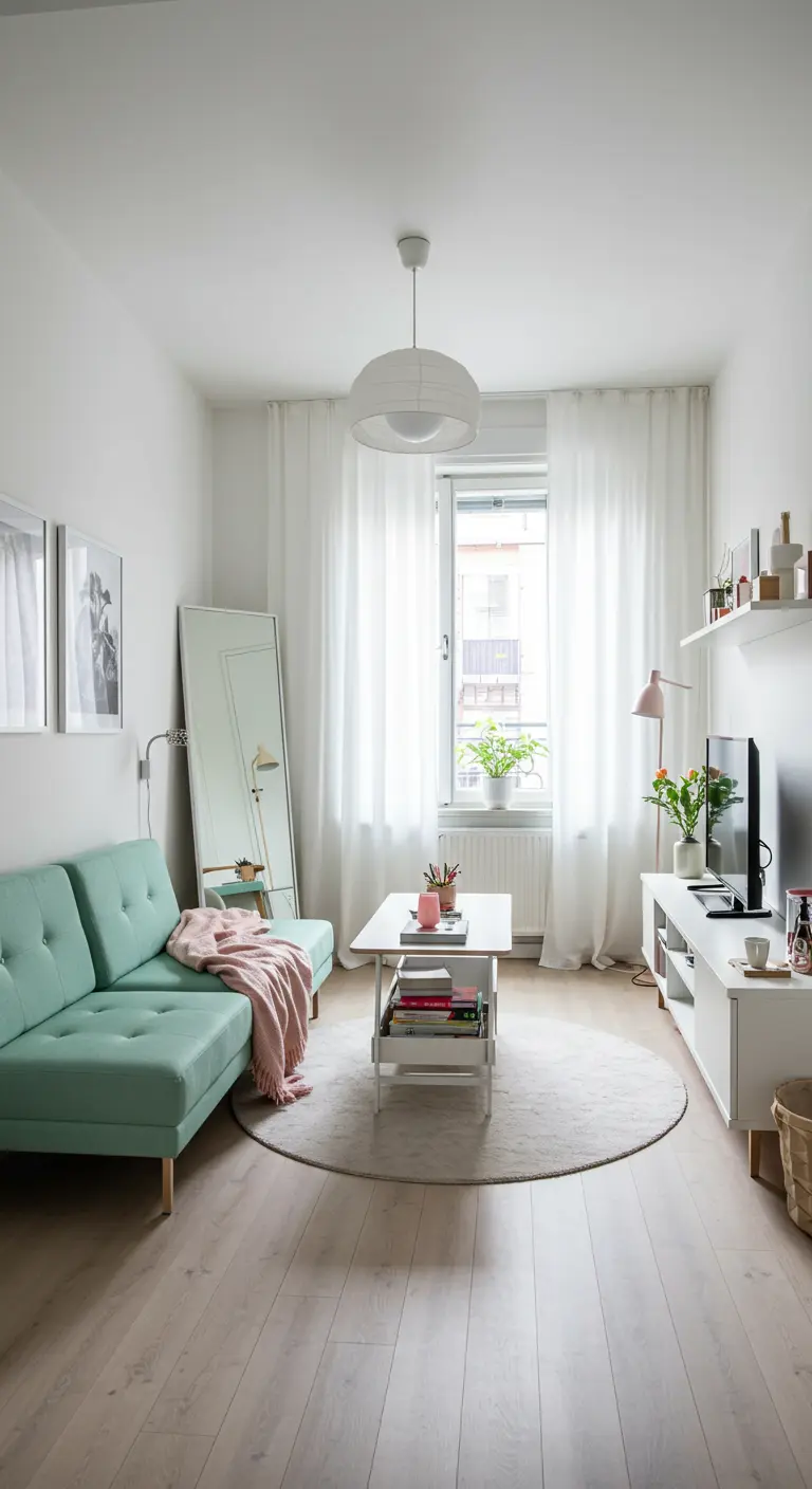 A small, bright apartment with a mint green loveseat, pink throw, and a large leaning mirror.