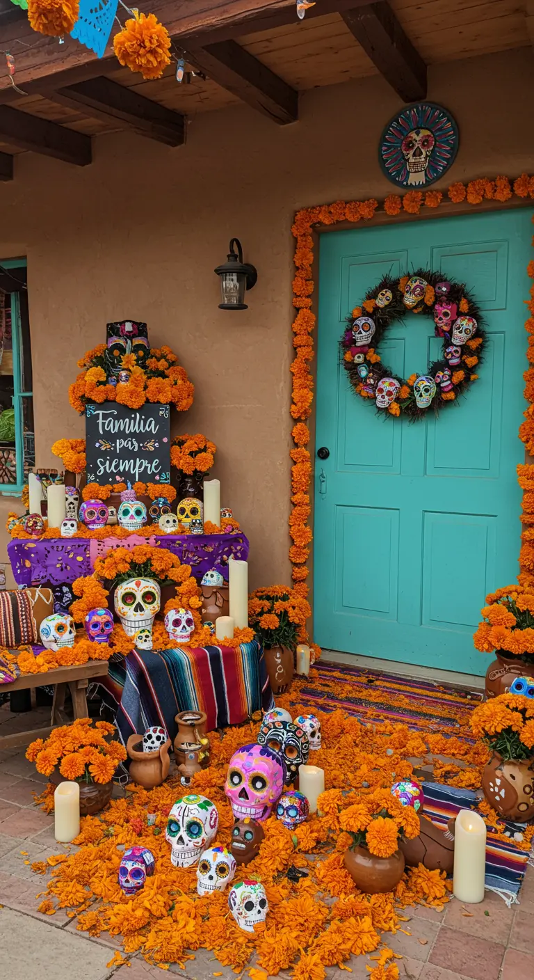 Día de los Muertos porch with marigolds, sugar skulls, and candles.