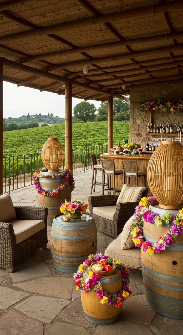 A terrace bar overlooking a vineyard, using wine barrels as tables decorated with floral leis.