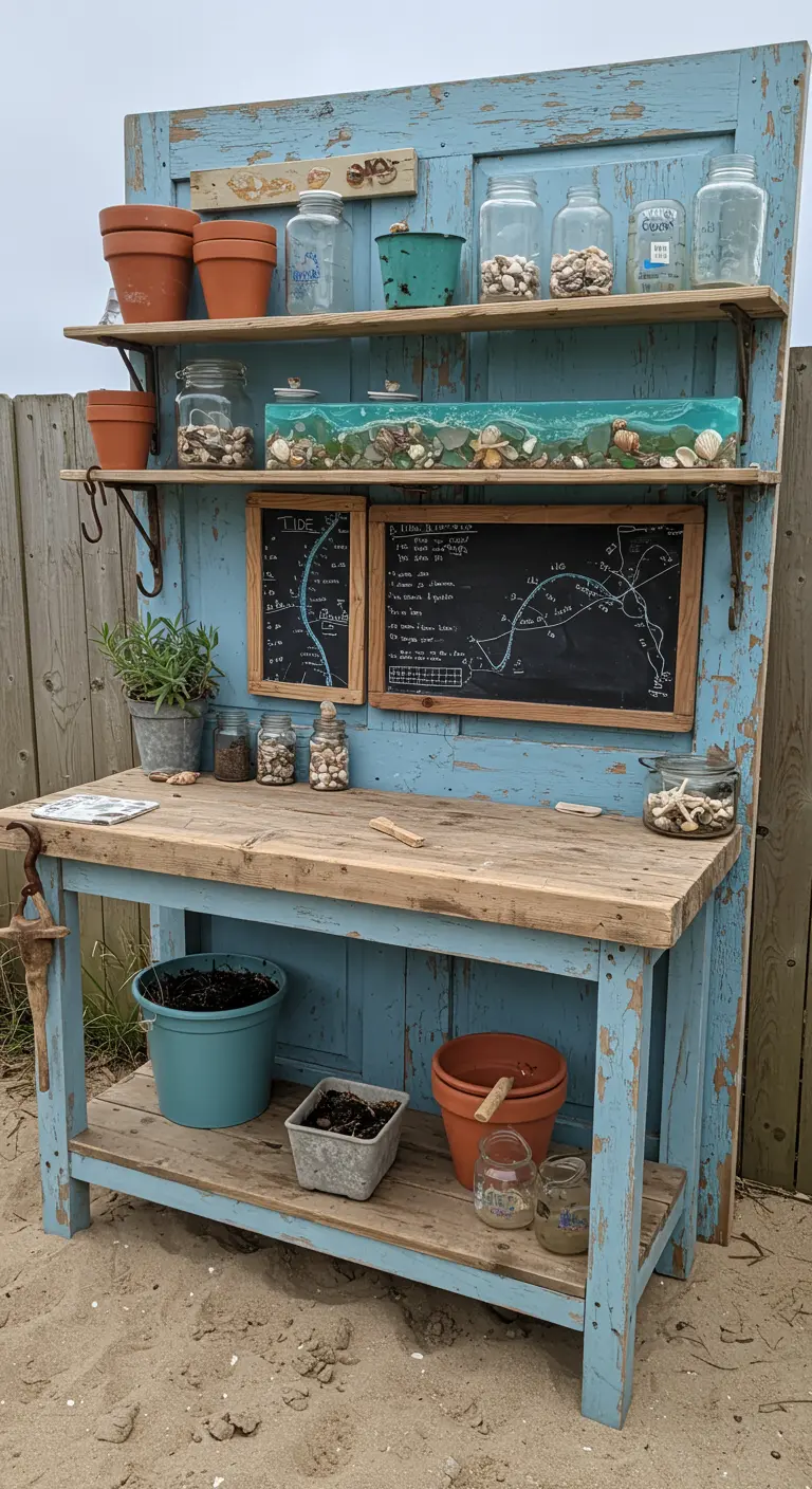 A rustic, weathered blue potting station on the sand, decorated with seashells and coastal finds.