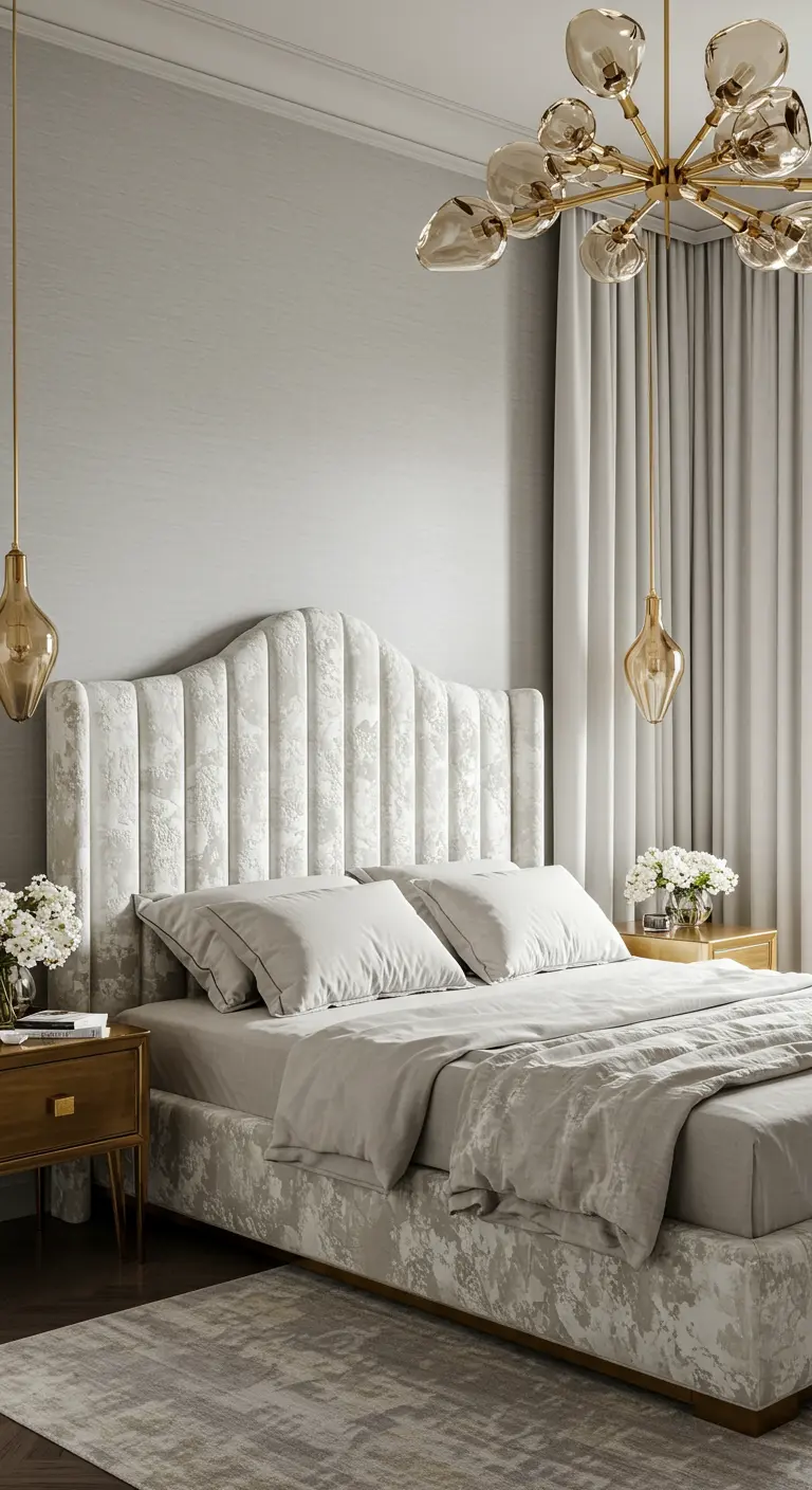 Serene bedroom with a white patterned velvet bed, gray walls, and delicate gold lighting.