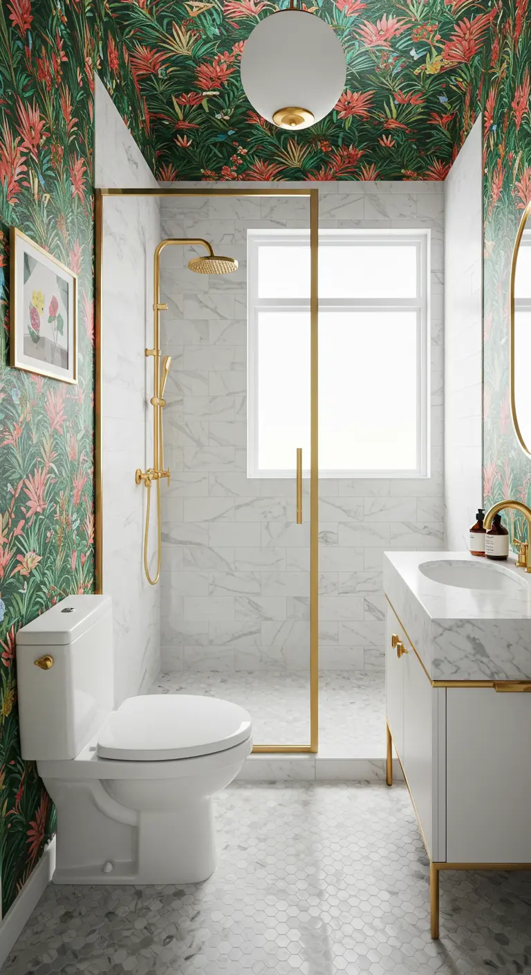 Small bathroom wrapped in colorful floral and palm wallpaper, with a gold-framed shower.