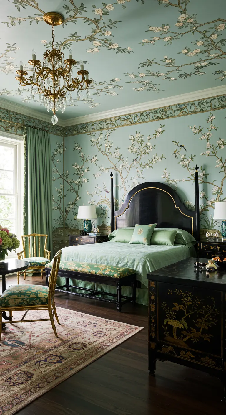 Bedroom with blue-green Chinoiserie wallpaper on the walls and ceiling.