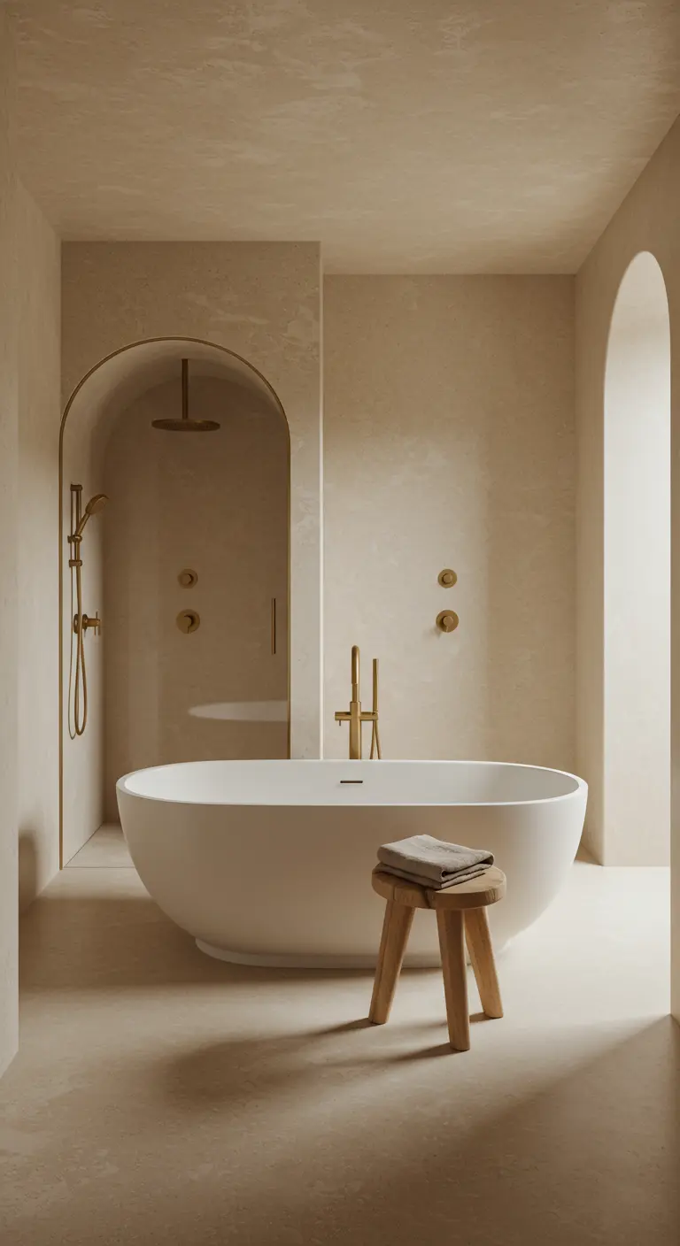 A serene bathroom with beige plaster walls, arched doorways, and a modern freestanding tub.