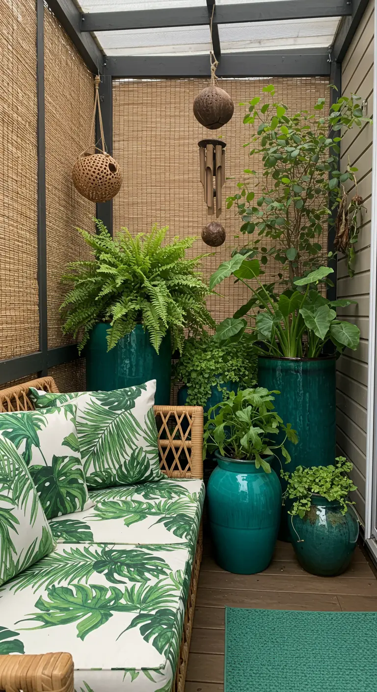 A lush, tropical-themed balcony with rattan furniture, palm-print cushions, and teal planters.