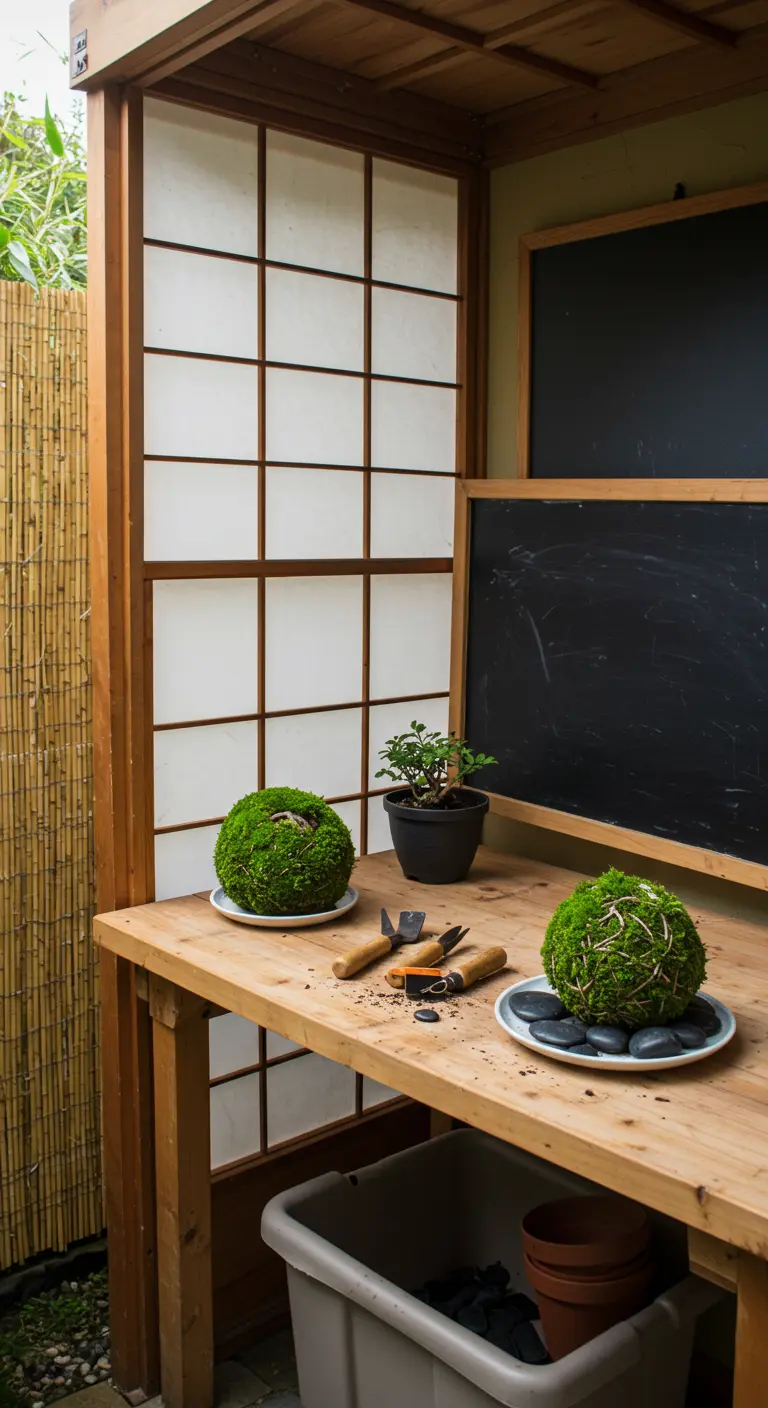 A Japanese-style potting bench with kokedama moss balls and bonsai tools next to a shoji screen.