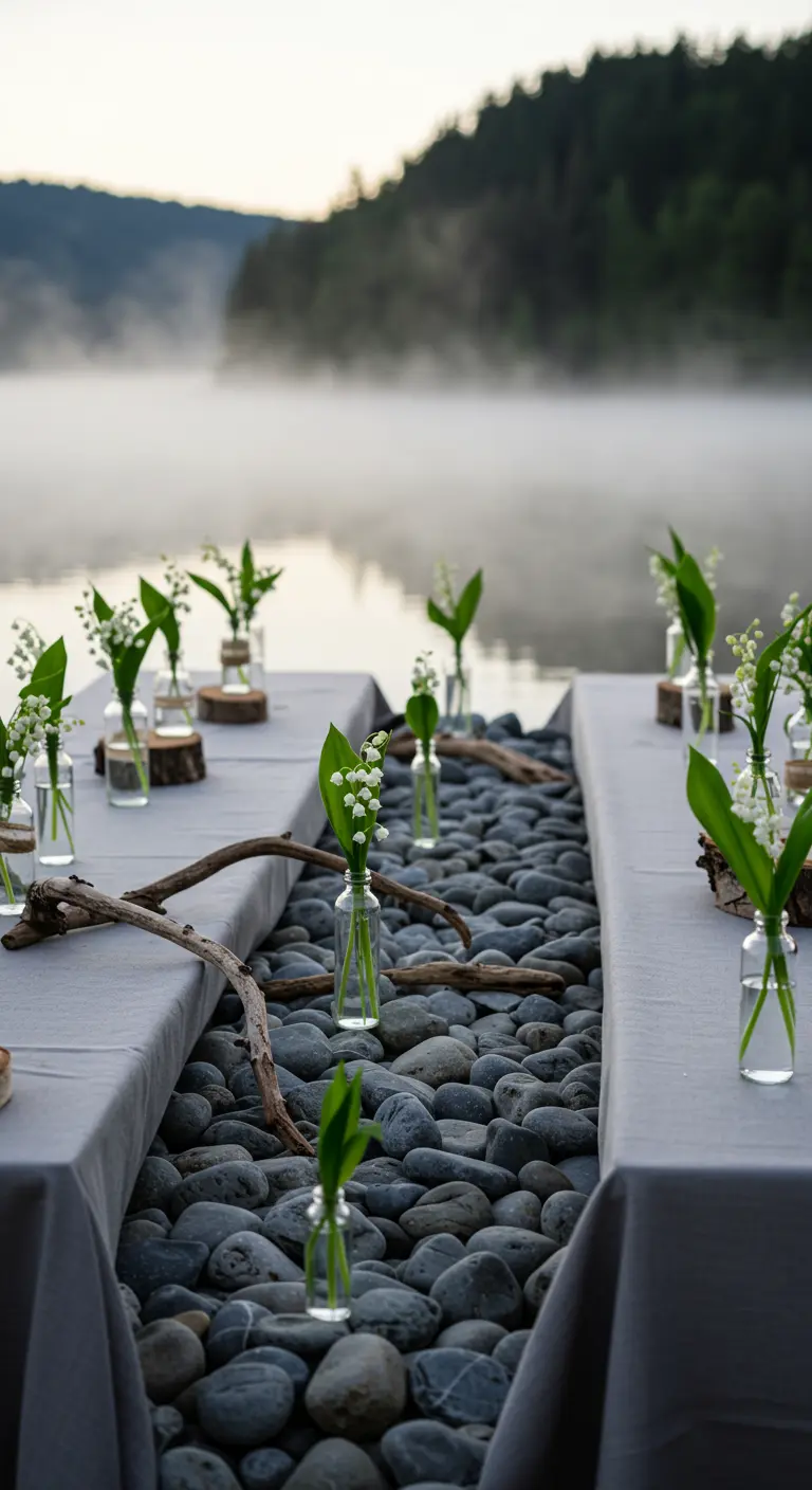 Two tables separated by a channel of river rocks, driftwood, and lily of the valley.