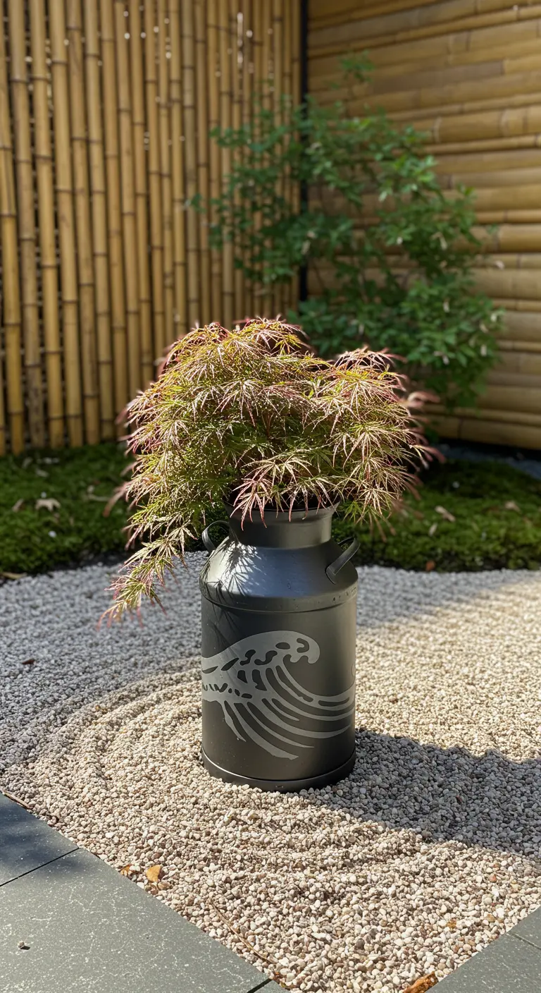 A matte black milk can with a gray wave stencil holds a Japanese Maple in a zen rock garden.