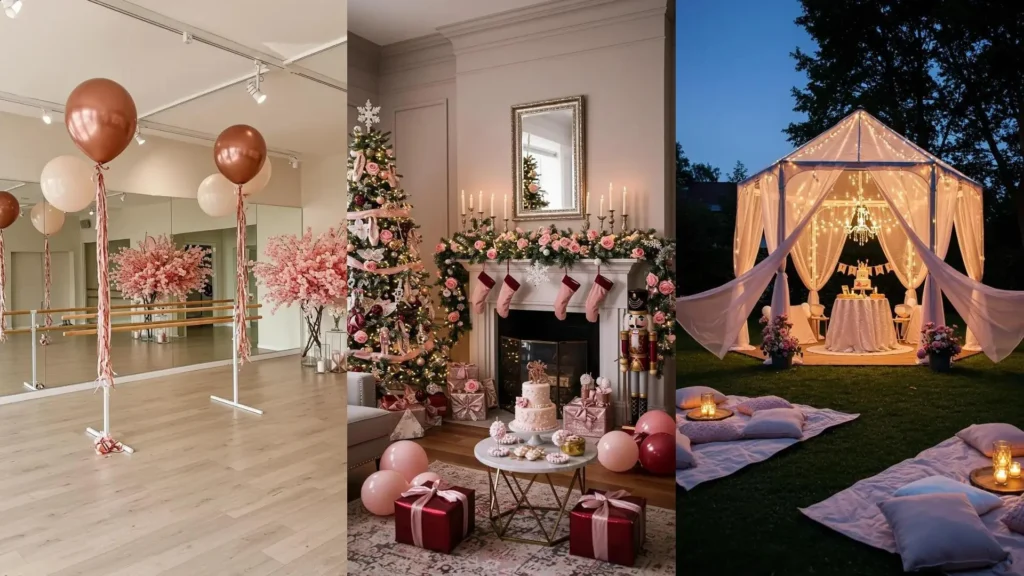 Ballet slipper & tutu party decor: soft pink florals, balloons, and ballet barres in a studio setting.