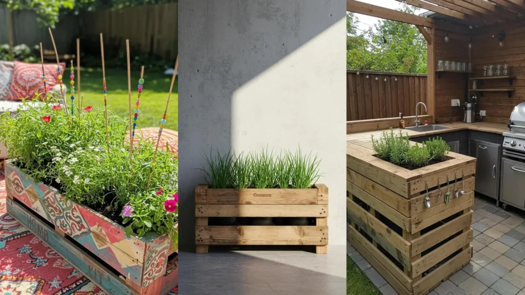Rustic reclaimed wood pallet planter boxes, some with built-in herb markers, alongside a DIY outdoor kitchen with herbs.