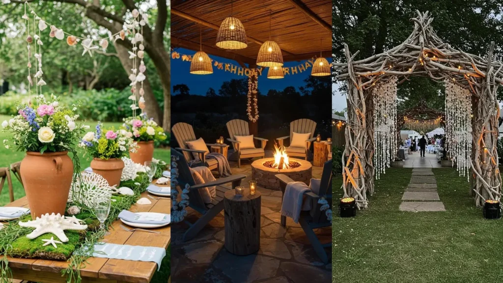 Beautiful beach-themed birthday decorations with shell garlands, a driftwood arch, and elegant table accents.