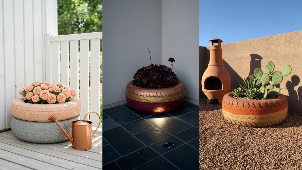DIY vintage tire planters featuring color-block designs with succulents and flowers, perfect for patio corners.