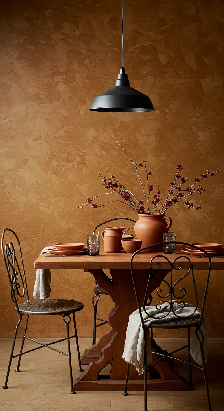 Rustic terra cotta table and pottery contrasted with a modern black pendant light.