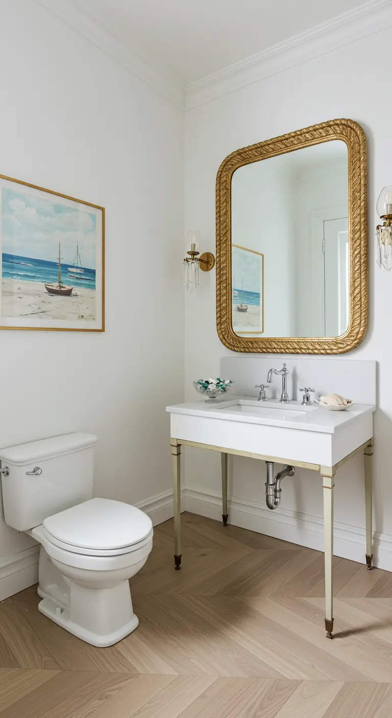 White powder room with a rope-textured gold mirror and coastal artwork.