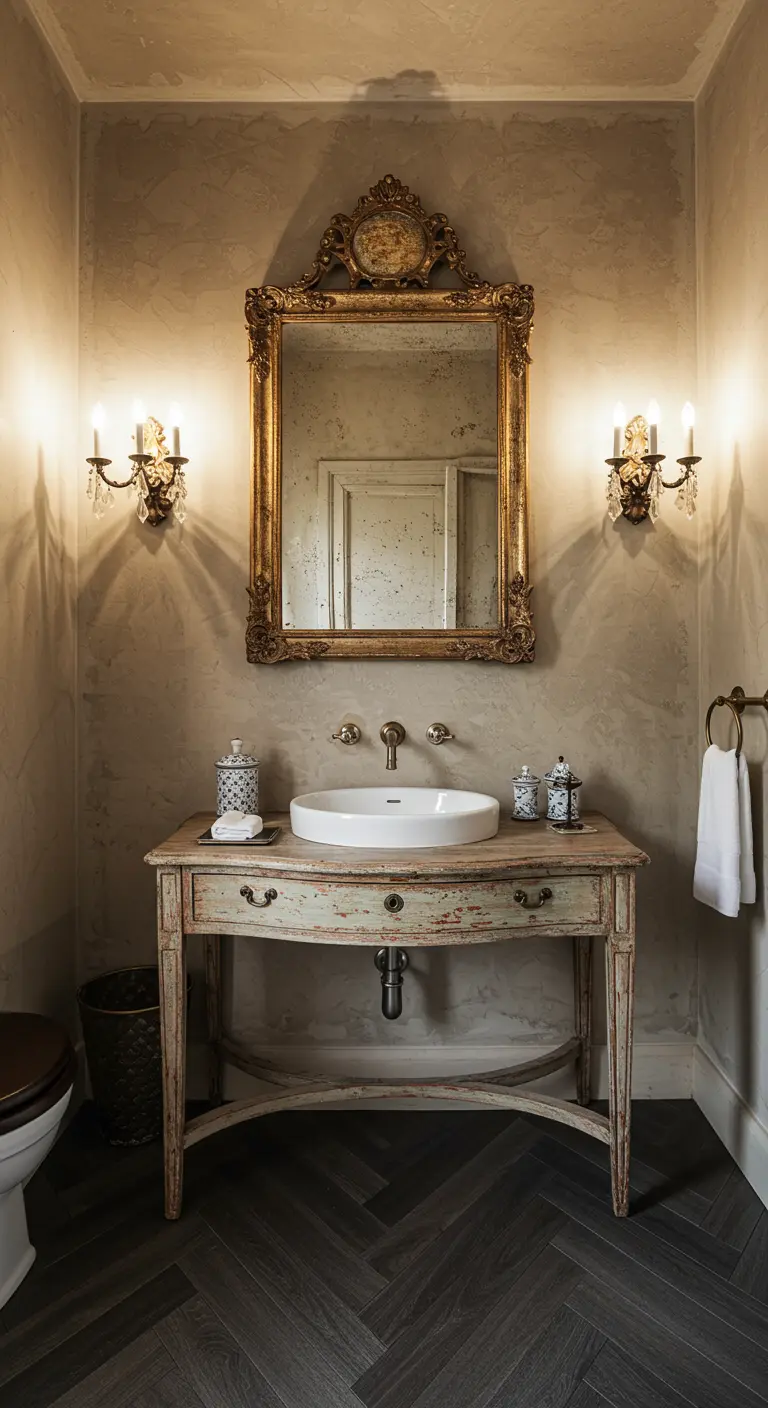 Powder room with a distressed painted vanity, ornate gold mirror, and dark floors.